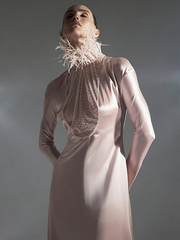 Powder Silk Maxi Dress With Feathers And Rhinestones, 2