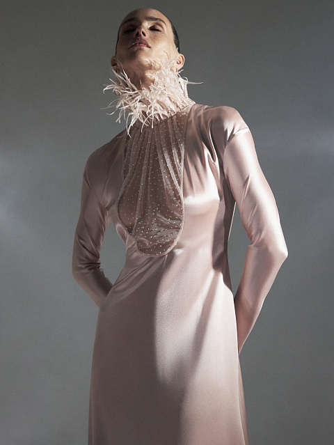 Powder Silk Maxi Dress With Feathers And Rhinestones, 2 Powder Silk Maxi Dress With Feathers And Rhinestones, 2