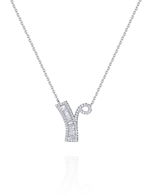 Necklace with a pendant in white gold and diamonds in the shape of the letter Y, 1