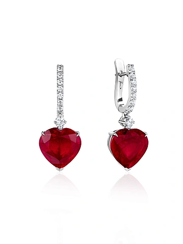 White Gold, Heart-cut Ruby & Diamonds Earrings, 1