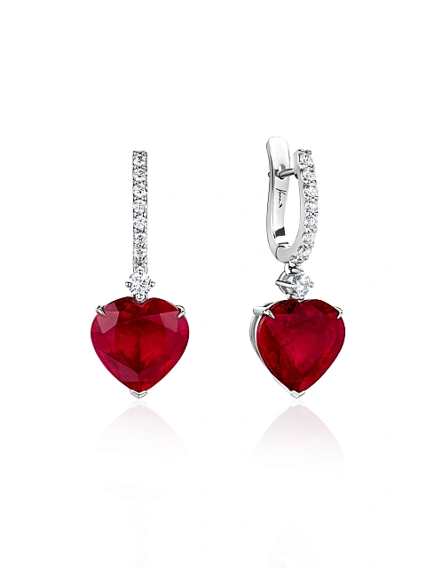 White Gold, Heart-cut Ruby & Diamonds Earrings, 1