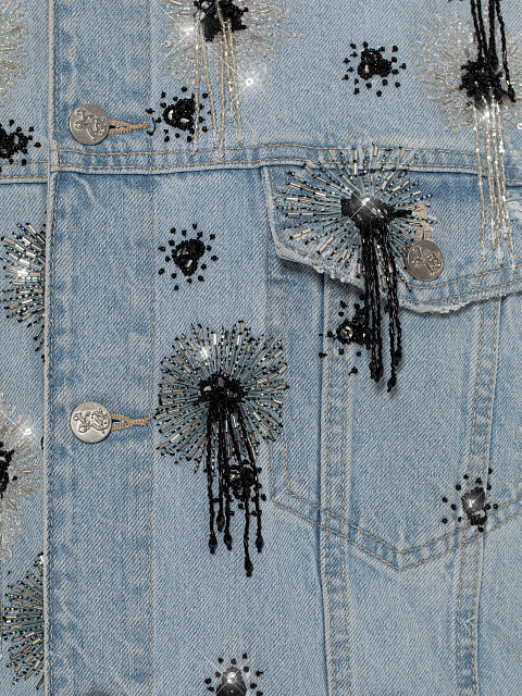 Light blue denim jacket with black and white beaded embroidery, 3 Light blue denim jacket with black and white beaded embroidery, 3