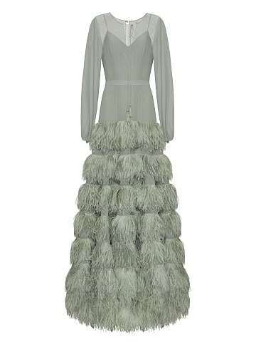 Light Grey Ostrich Feathers & Chiffon Maxi Dress, 1