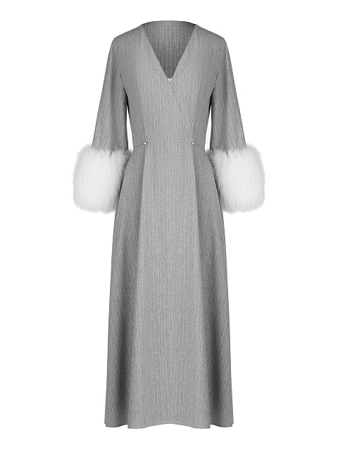 Grey Linen Fox Fur Midi Dress, 1