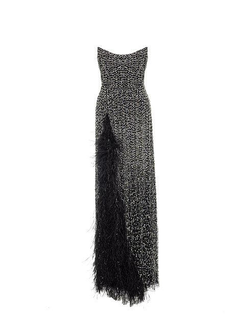 Black Mesh Maxi Dress With Feathers And Crystals, 3 Black Mesh Maxi Dress With Feathers And Crystals, 3