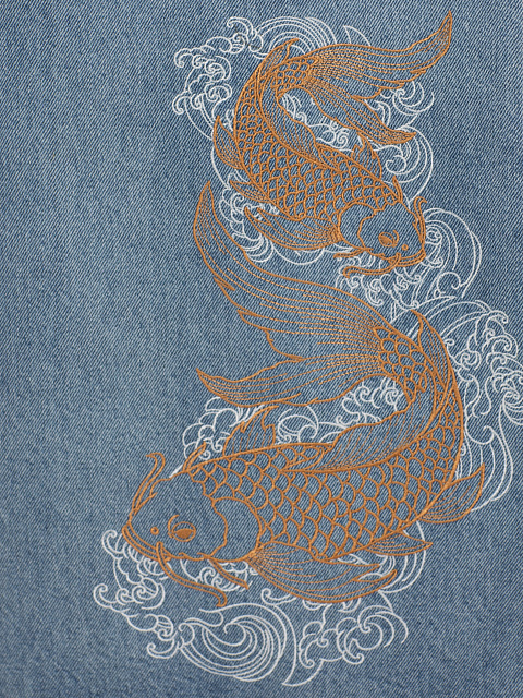 Wide light blue cotton jeans with fish embroidery, 4