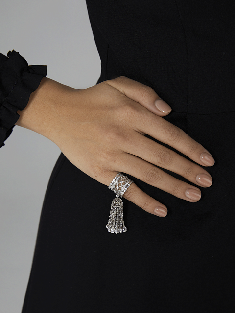 Silver & Cubic Zirkonia Wide Tassel Ring, 5