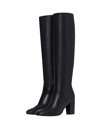 Black Leather Round Toe Long Boots, 1