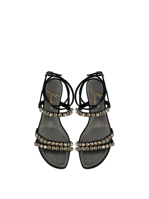 Black Rhinestones Satin Sandals, 4