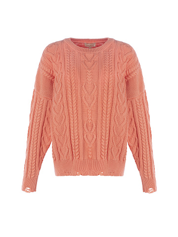 Coral Distressed Cable Knit Sweater, 1