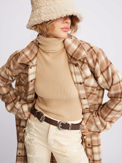 Light Brown Checked Wool Long Overshirt, 7 Light Brown Checked Wool Long Overshirt, 7