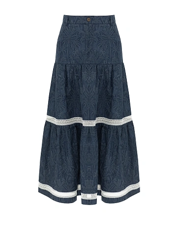 Blue Lace Trim Jacquard Midi Skirt, 1