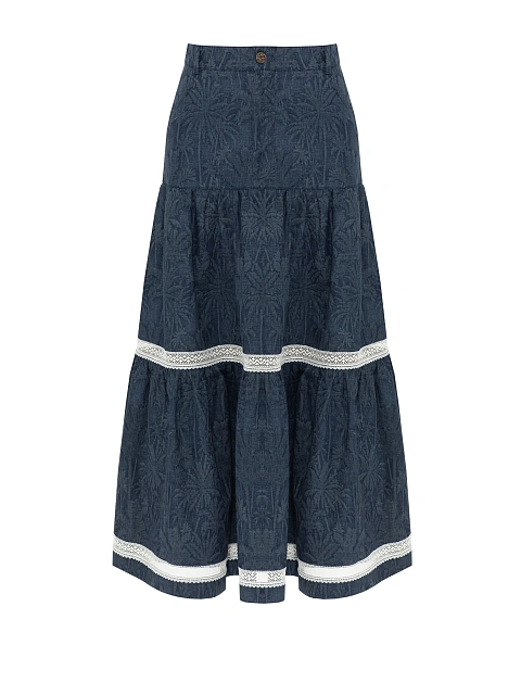 Blue Lace Trim Jacquard Midi Skirt, 1 Blue Lace Trim Jacquard Midi Skirt, 1
