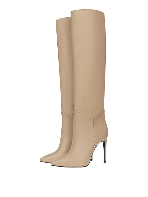 Eggshell Cream Leather Stiletto Boots, 1