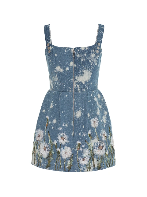 Blue Floral Embroidery Washed Denim Mini Dress, 2 Blue Floral Embroidery Washed Denim Mini Dress, 2