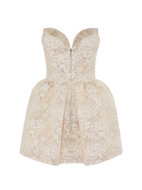 Beige & Gold Roses Brocade Mini Dress, 2 Beige & Gold Roses Brocade Mini Dress, 2