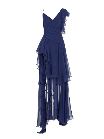Dark Blue Chiffon Dress With Asymmetrical Flounces, 1