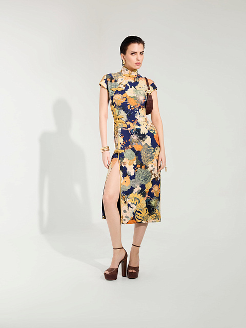 Navy Blue Floral Print Midi Dress, 6