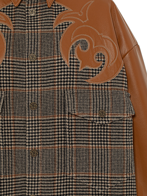 Brown Leather Trim Houndstooth Wool Shirt, 3 Brown Leather Trim Houndstooth Wool Shirt, 3