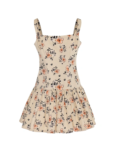 Beige cotton mini dress with floral print, 2 Beige cotton mini dress with floral print, 2