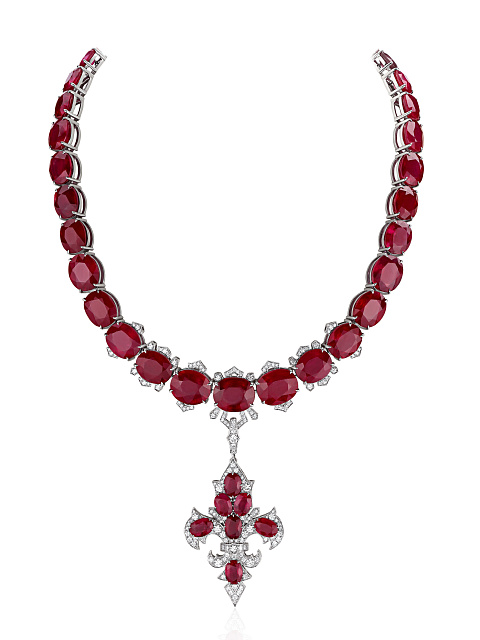 Necklace with a removable pendant made of white gold with rubies and diamonds, 1