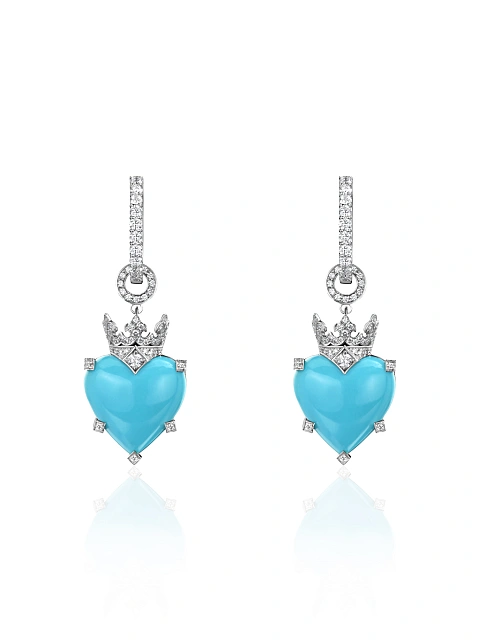 White Gold, Turquoise & Diamonds Heart Earrings, 1