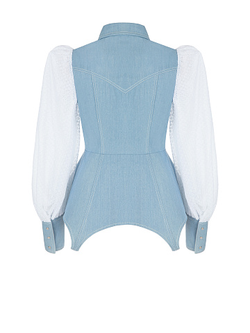 Blue Denim Shirt With Chiffon Sleeves, 2