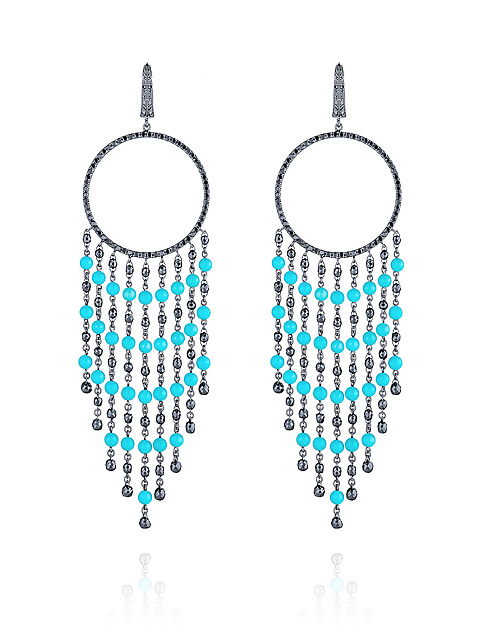 Black Gold, Turquoise & Diamonds Chandelier Earrings, 1