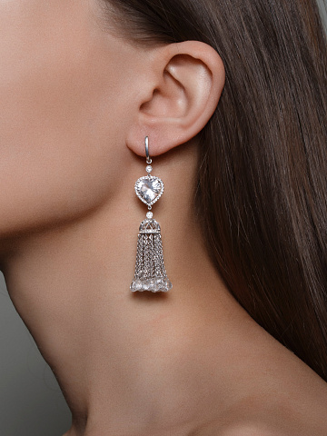White Gold, Rock Crystal & Heart-cut Clear Topaz Tassel Earrings, 2
