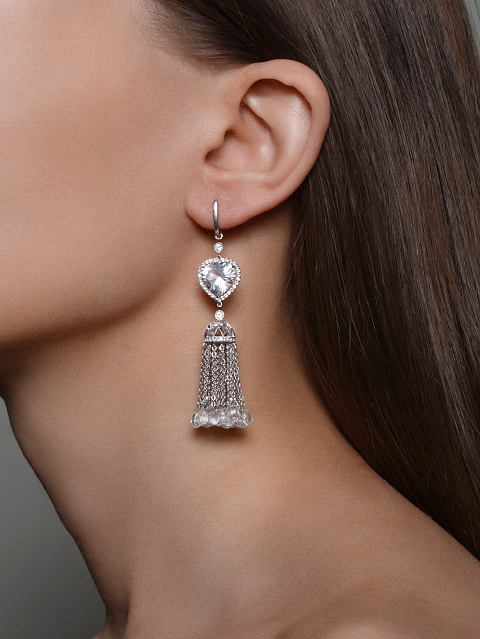 White Gold, Rock Crystal & Heart-cut Clear Topaz Tassel Earrings, 2