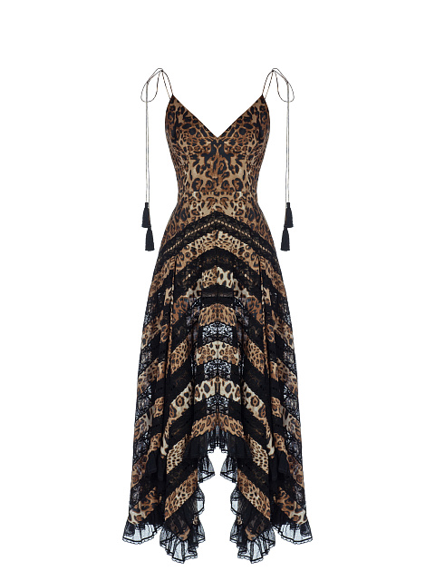 Leopard Lace Trim Silk Midi Dress, 1