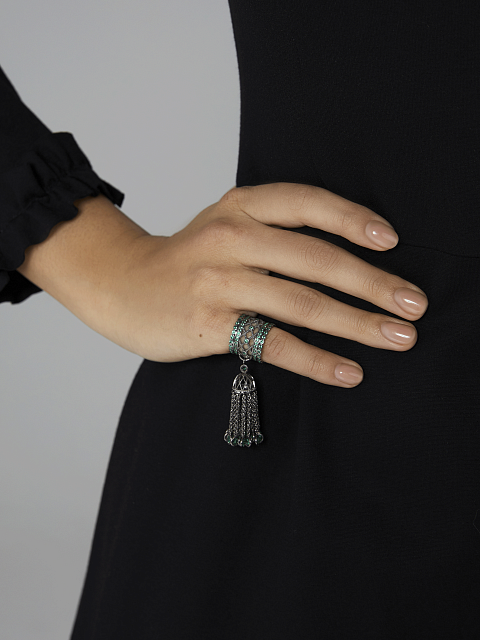 Black Silver & Green Cubic Zirconia Tassel Ring, 2