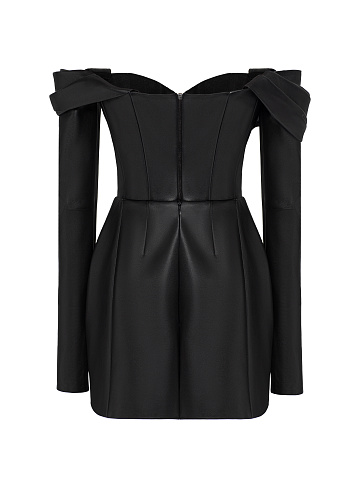 Black Leather Off Shoulder Mini Dress, 2