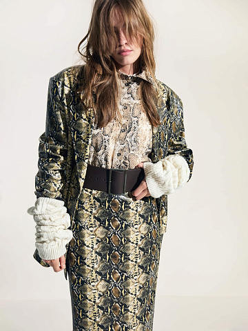 Beige Snakeskin Prined Faux Leather Jacket, 2