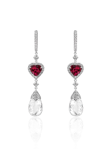White gold earrings with heart-cut ruby and diamonds, 1