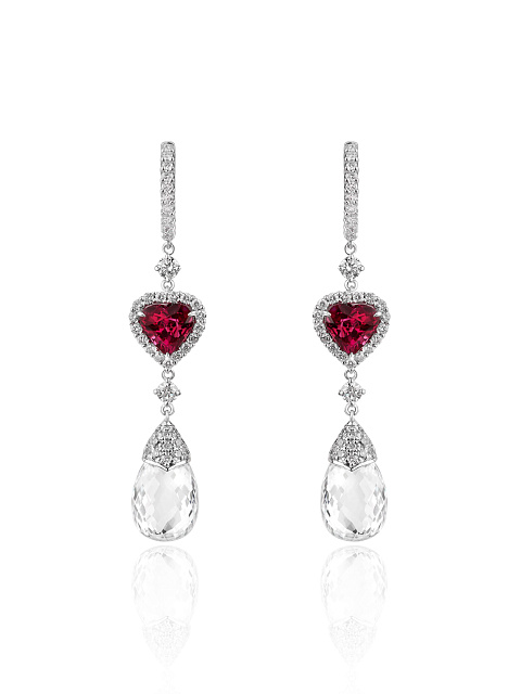 White gold earrings with heart-cut ruby and diamonds, 1
