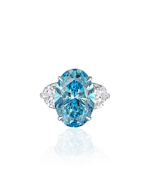 White gold ring with blue lab-grown diamond in oval cut, 3