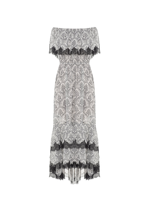 Gray & Black Printed Chiffon Dress With Lace, 1 Gray & Black Printed Chiffon Dress With Lace, 1