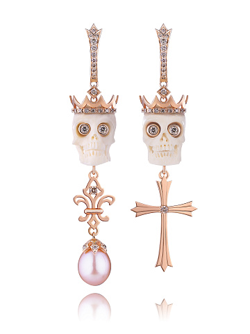 Rose Gold, Diamonds, Pearls & Mammoth Tusk Skull Earrings, 1