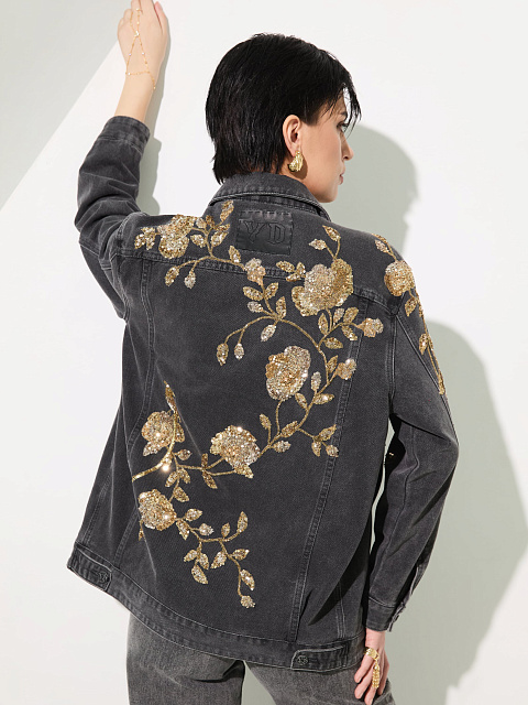 Black Denim Jacket with Floral Embroidery, 3
