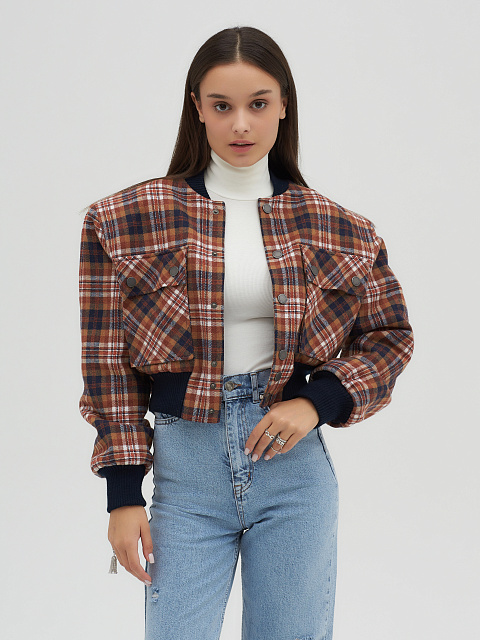 Rust Brown Plaid Cropped Bomber Jacket, 5 Rust Brown Plaid Cropped Bomber Jacket, 5