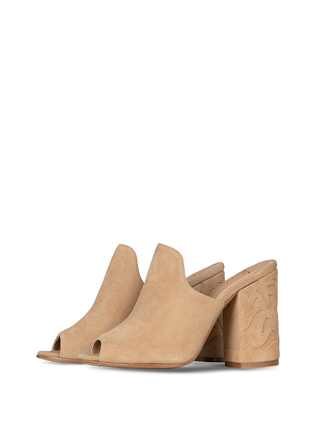 Beige Suede Heeled Mules, 1