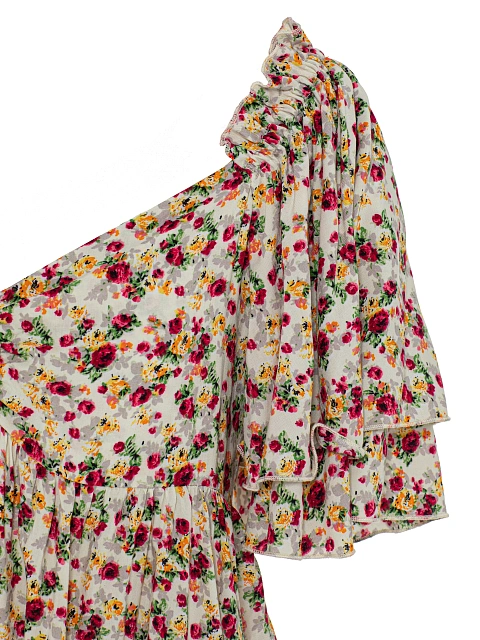 Beige & Red Floral Print Cotton Mini Dress With Ruffles, 3 Beige & Red Floral Print Cotton Mini Dress With Ruffles, 3