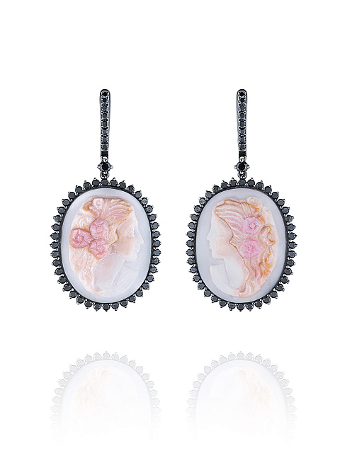 Black Gold & Black Diamonds Shell Cameo Earrings, 1