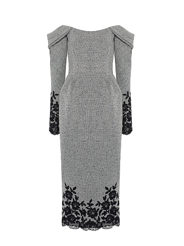 Grey & Black Lace Trim Wool Midi Dress, 1