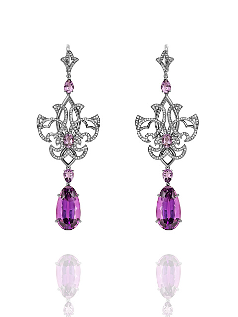 Black Gold Amethyst & Diamonds Fleur-de-Lys Earrings, 1