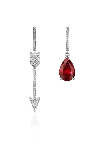 Asymmetric white gold earrings with ruby and diamonds, 1