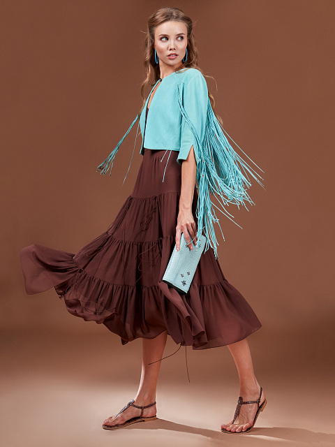 Turquiose Embroidered Fringed Suede Jacket, 5