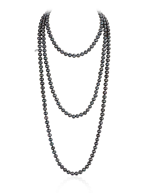 Silver necklace with black pearl beads, 155 cm, 1