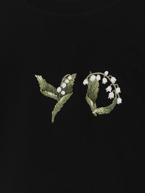 Black Embroidery "YD" & Lily Of The Valley T-shirt, 3 Black Embroidery "YD" & Lily Of The Valley T-shirt, 3
